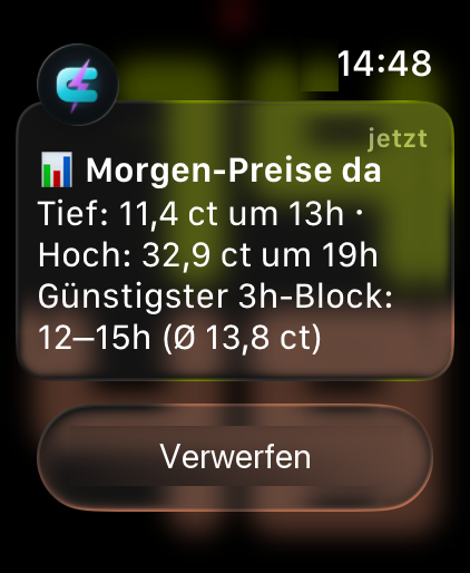 Tomorrow-prices notification on the Apple Watch — real capture